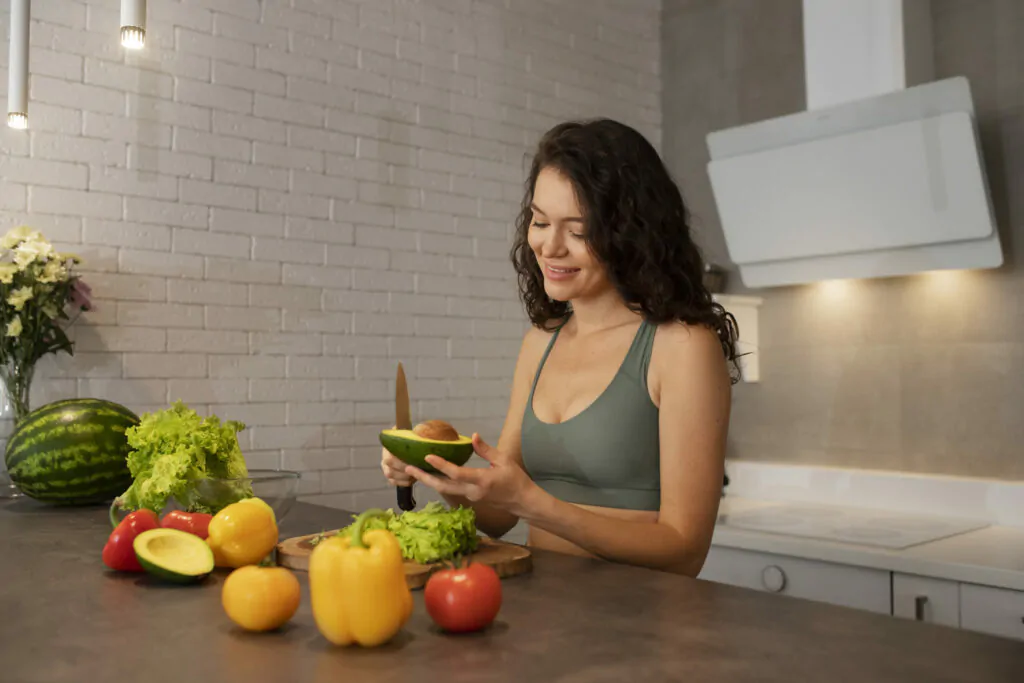 woman digital disconnecting home by making healthy vegetable salad